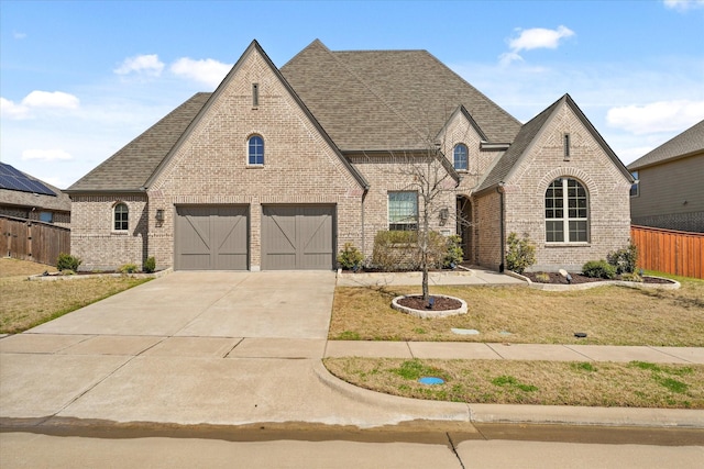 french country inspired facade with concrete driveway, brick siding, roof with shingles, and fence