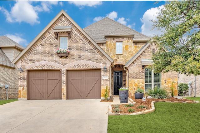 french country inspired facade with brick siding, concrete driveway, roof with shingles, a garage, and stone siding