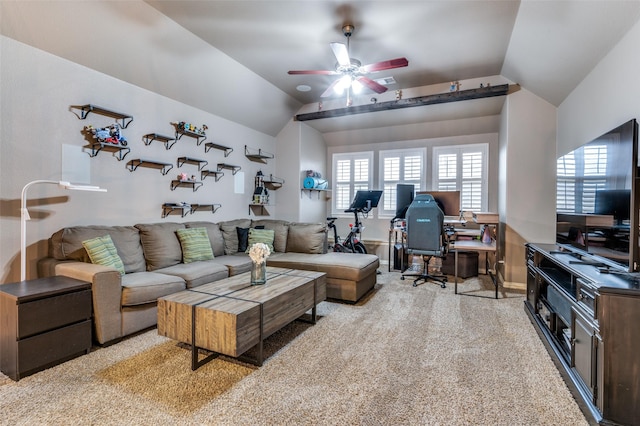 living room featuring vaulted ceiling, light colored carpet, and ceiling fan