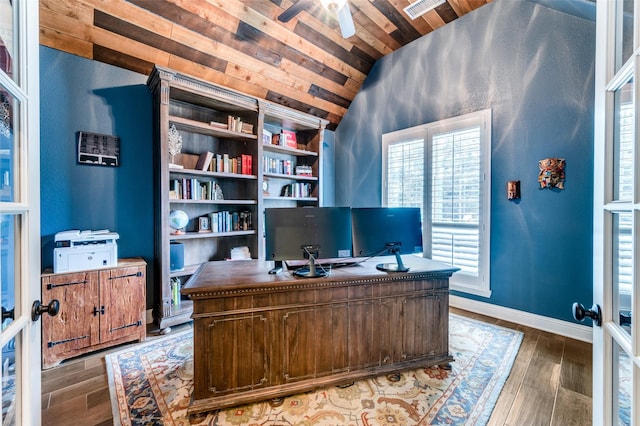 office with lofted ceiling, wood ceiling, wood finished floors, and baseboards