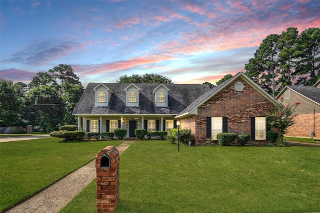 cape cod-style house featuring a porch, brick siding, a shingled roof, and a front lawn