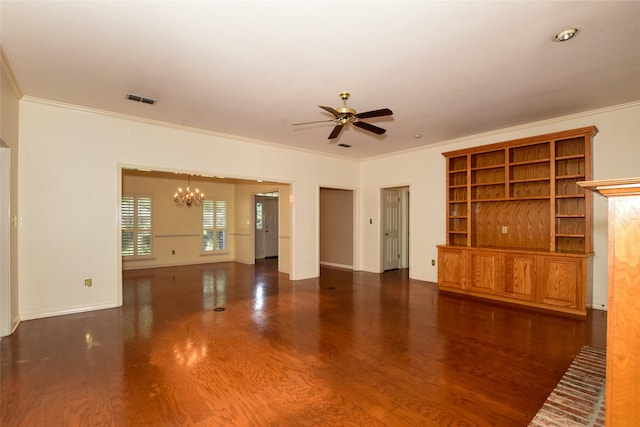 unfurnished living room featuring baseboards, visible vents, wood finished floors, crown molding, and ceiling fan with notable chandelier