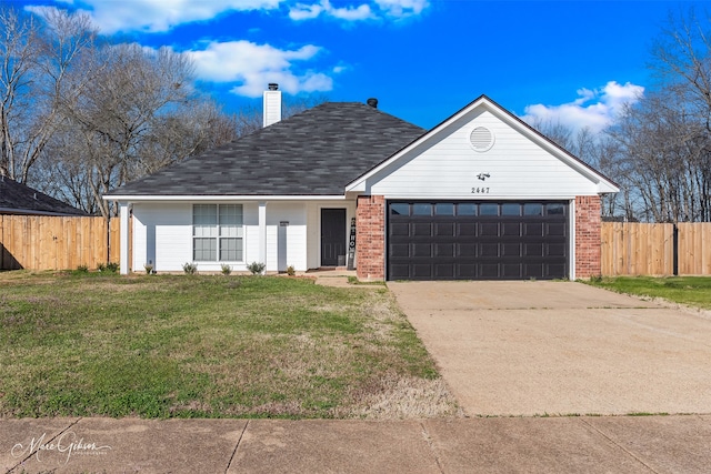 ranch-style house with a garage, fence, driveway, a front lawn, and a chimney