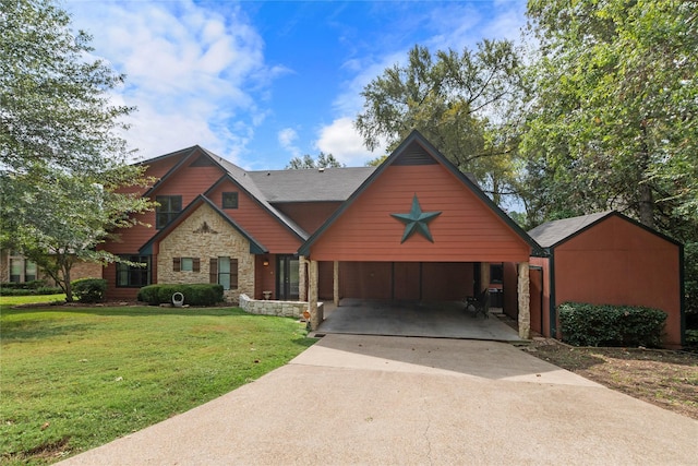 view of front of house featuring concrete driveway, stone siding, a carport, and a front yard