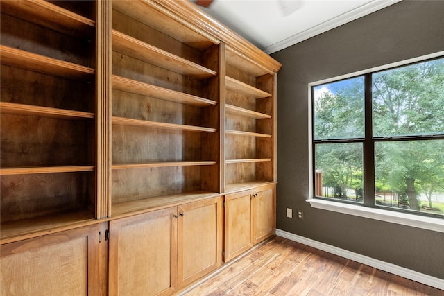 interior space featuring ornamental molding, light wood-type flooring, and baseboards