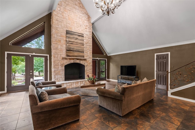 living room featuring baseboards, french doors, a stone fireplace, high vaulted ceiling, and a notable chandelier