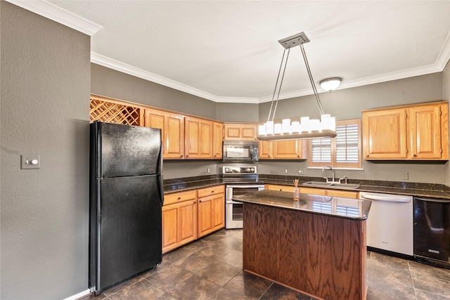 kitchen with light brown cabinets, a sink, ornamental molding, black appliances, and pendant lighting