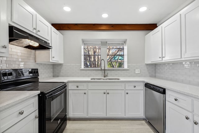 kitchen with black electric range, stainless steel dishwasher, a sink, beamed ceiling, and under cabinet range hood