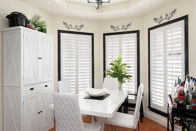 dining space featuring a tray ceiling and baseboards