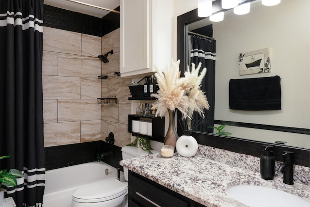 bathroom featuring toilet, vanity, and shower / tub combo with curtain