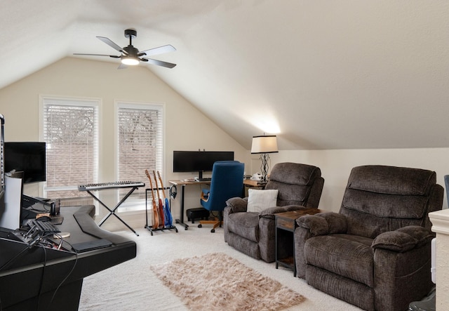 carpeted office space with vaulted ceiling