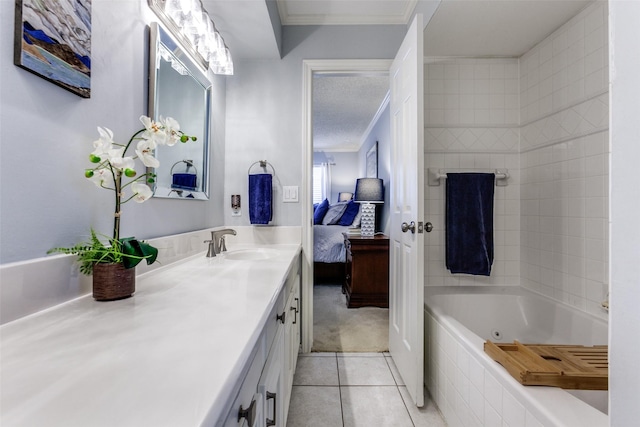 ensuite bathroom featuring a whirlpool tub, ensuite bath, crown molding, and tile patterned floors