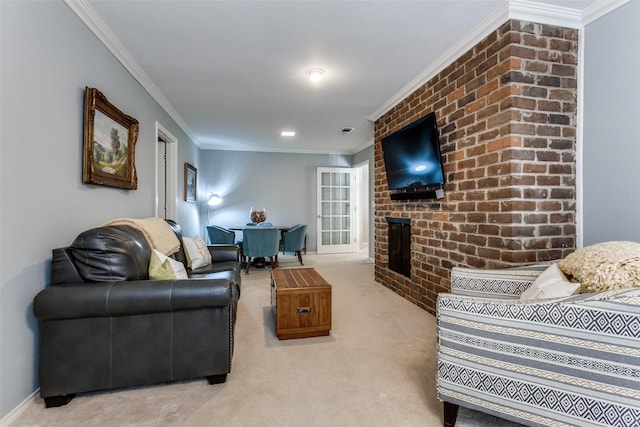 living room with carpet floors, a brick fireplace, visible vents, and crown molding