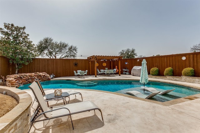 view of swimming pool with a fenced in pool, a patio area, a fenced backyard, and a pergola