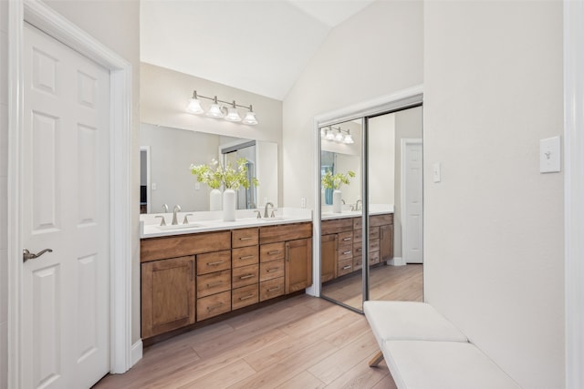 bathroom featuring lofted ceiling, wood finished floors, a sink, and double vanity