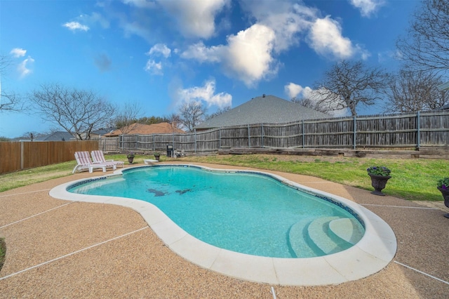 view of swimming pool featuring a patio area, a fenced backyard, and a fenced in pool