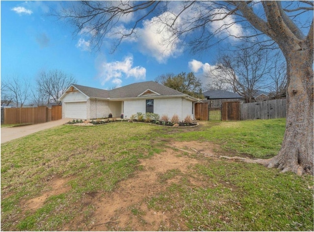 ranch-style home with concrete driveway, a front lawn, an attached garage, and fence