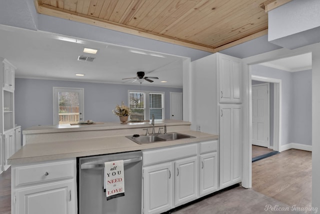 kitchen featuring visible vents, a peninsula, crown molding, stainless steel dishwasher, and a sink