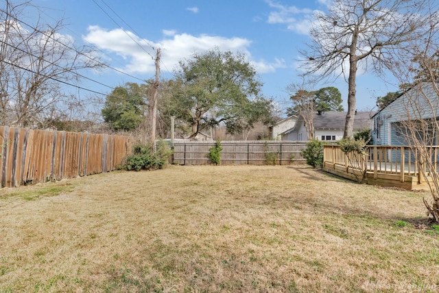 view of yard with a fenced backyard and a deck