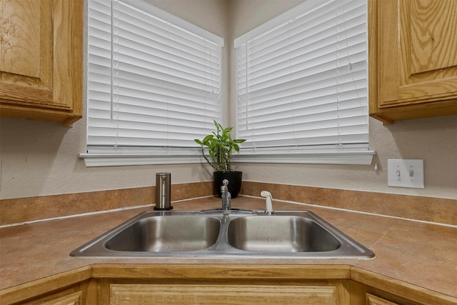 details featuring a textured wall and a sink