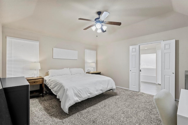 bedroom with carpet, ceiling fan, and baseboards