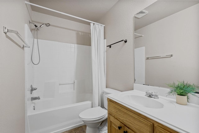 full bathroom featuring toilet, shower / bath combination with curtain, and vanity