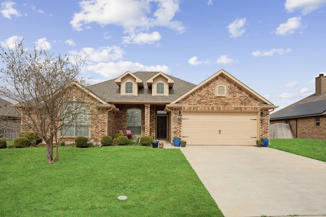 view of front of property with brick siding, an attached garage, concrete driveway, and a front lawn