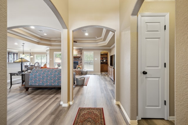 hall with a raised ceiling, plenty of natural light, wood finished floors, and arched walkways