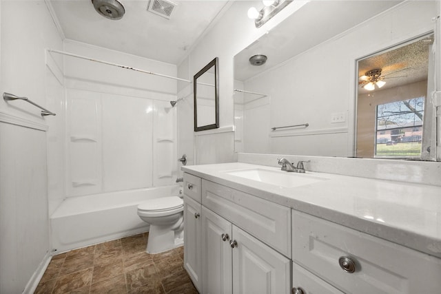 full bath featuring shower / bath combination, visible vents, toilet, ceiling fan, and vanity