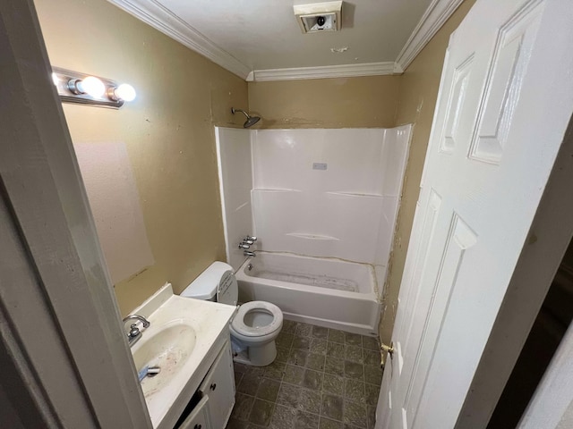 bathroom featuring toilet,  shower combination, crown molding, and vanity