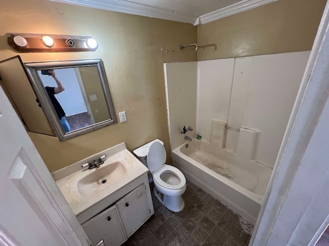 bathroom featuring toilet, ornamental molding, bathtub / shower combination, and vanity