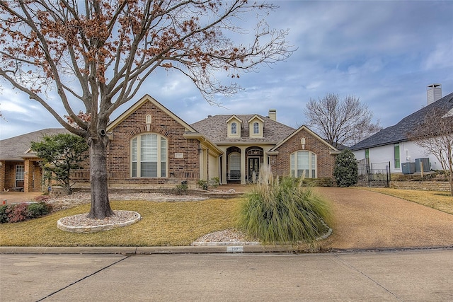 french provincial home with a chimney, a front lawn, concrete driveway, and brick siding