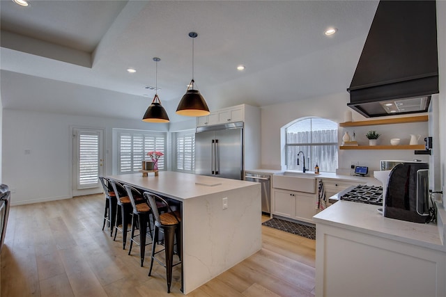 kitchen featuring a center island, light wood finished floors, appliances with stainless steel finishes, a sink, and plenty of natural light