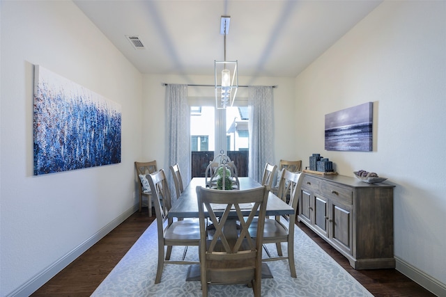 dining area featuring dark wood finished floors, visible vents, and baseboards