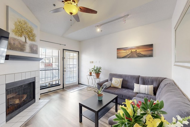 living area featuring wood finished floors, a fireplace, ceiling fan, vaulted ceiling, and rail lighting