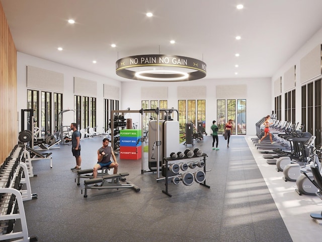 exercise room featuring recessed lighting