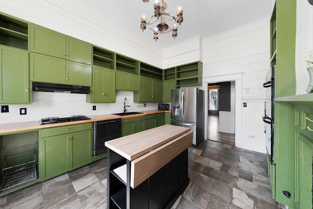 kitchen featuring wooden counters, open shelves, a sink, black appliances, and green cabinets