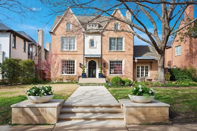 view of front of house with a shingled roof, a front yard, and brick siding