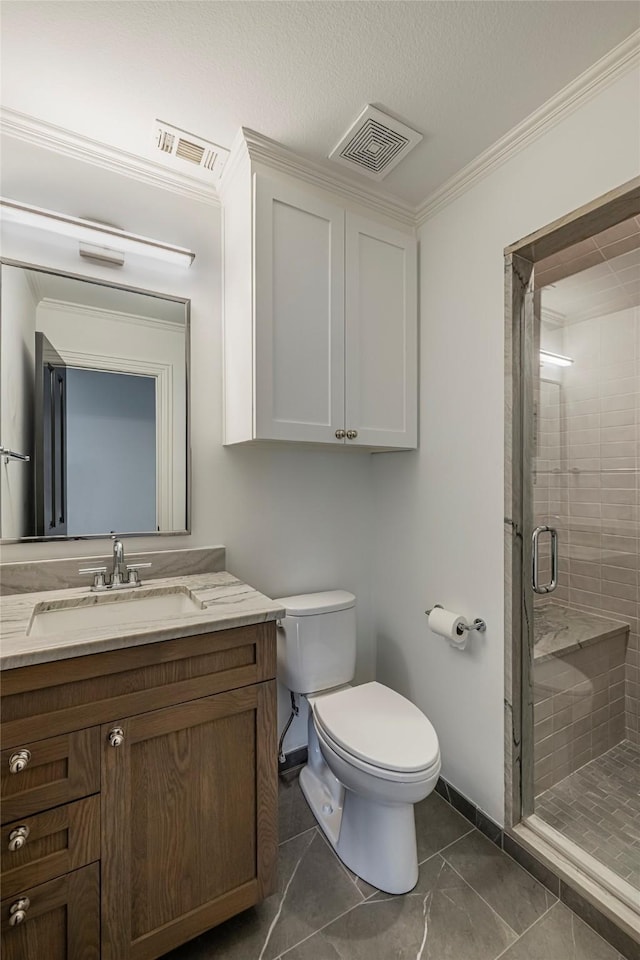 full bathroom with toilet, a shower stall, visible vents, and ornamental molding