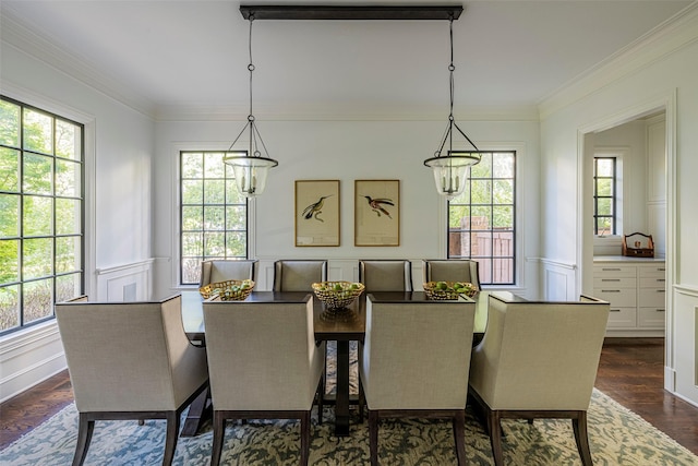 dining area with ornamental molding, a decorative wall, dark wood-style flooring, and wainscoting