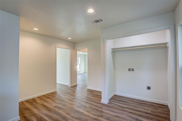 washroom featuring hookup for an electric dryer, laundry area, washer hookup, visible vents, and dark wood-style floors