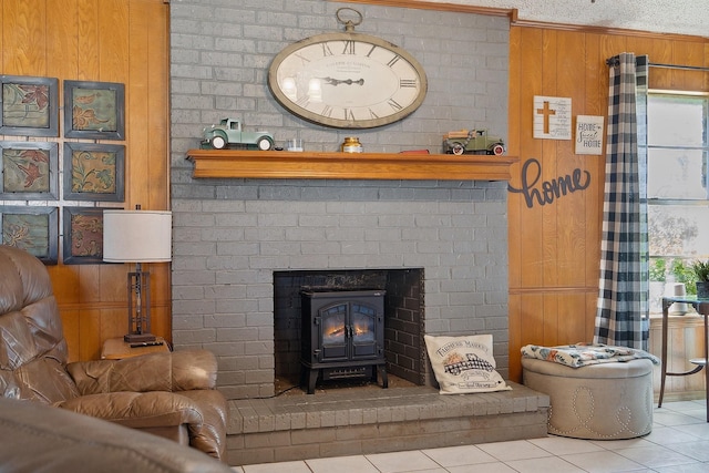 details with a textured ceiling and wooden walls