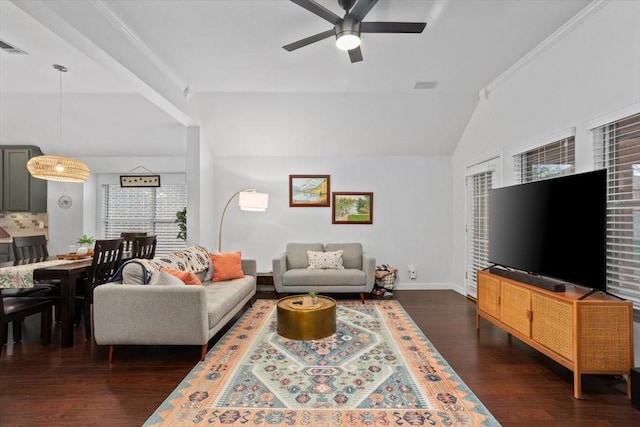 living area with visible vents, crown molding, lofted ceiling, a ceiling fan, and dark wood-style flooring