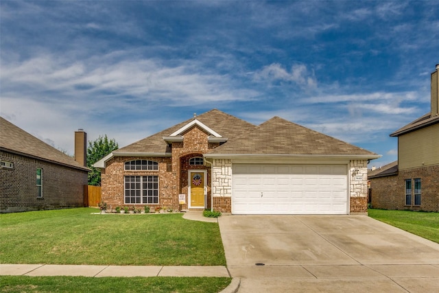 view of front of home with brick siding, a shingled roof, a front lawn, concrete driveway, and a garage