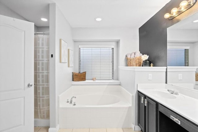 full bath featuring curtained shower, a garden tub, recessed lighting, tile patterned floors, and vanity