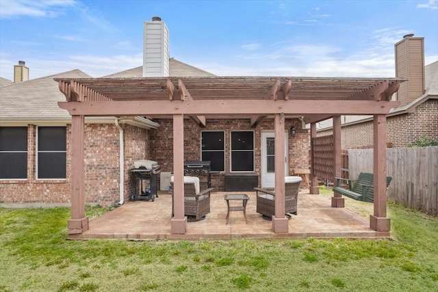 view of patio with an outdoor hangout area, fence, a pergola, and a grill