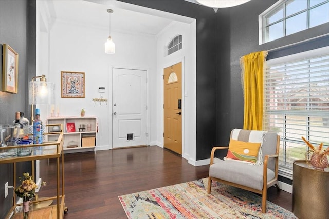 entrance foyer with crown molding, baseboards, and wood finished floors