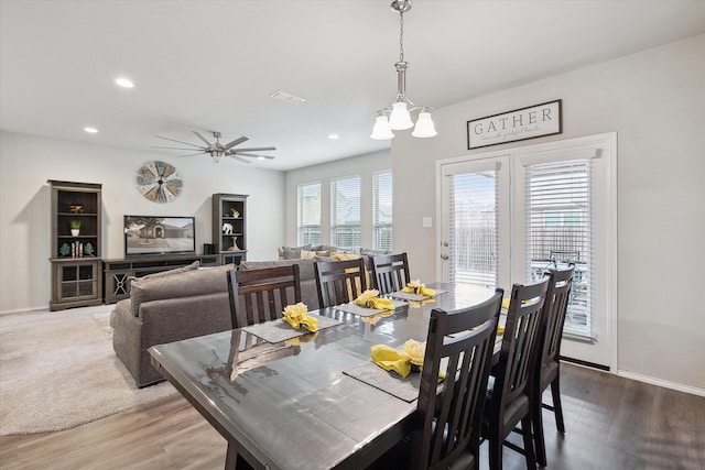 dining area with recessed lighting, visible vents, baseboards, and wood finished floors