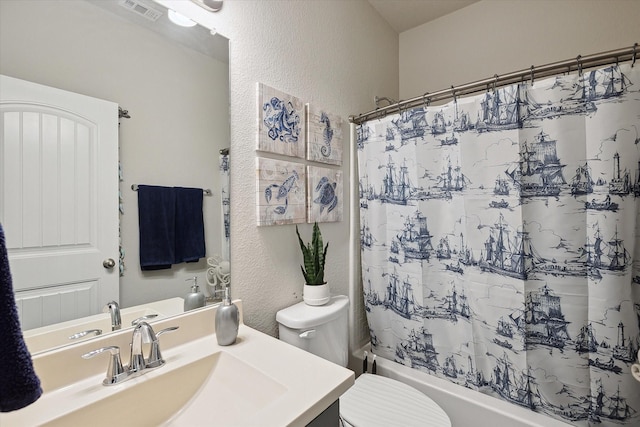 full bathroom with shower / bath combination with curtain, visible vents, a textured wall, and toilet