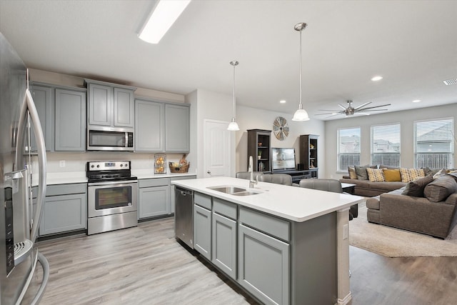 kitchen with a sink, stainless steel appliances, open floor plan, and gray cabinets